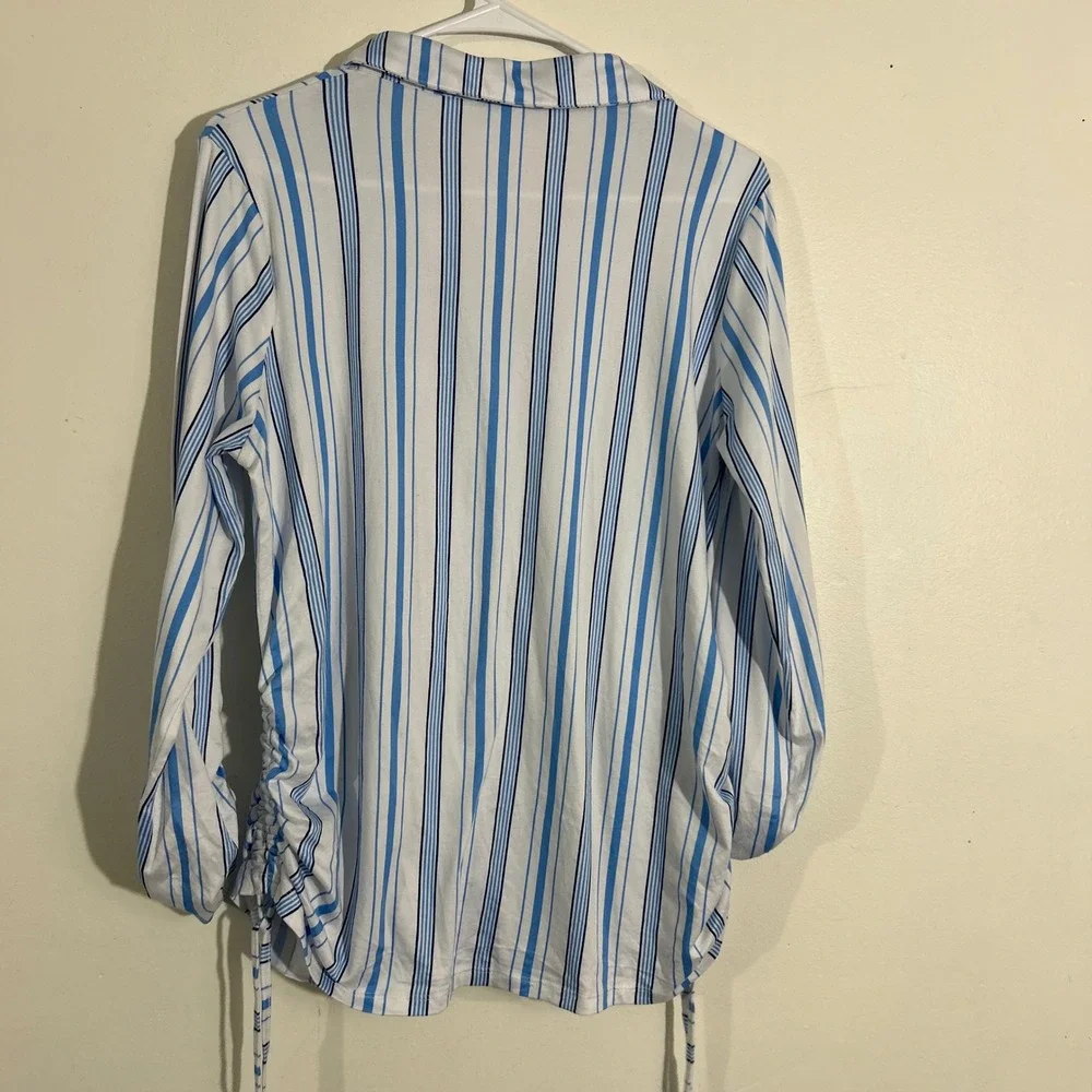 Striped Button Down Shirt Blue White Long Sleeve Drawstring Casual Womens - Picture 9 of 9